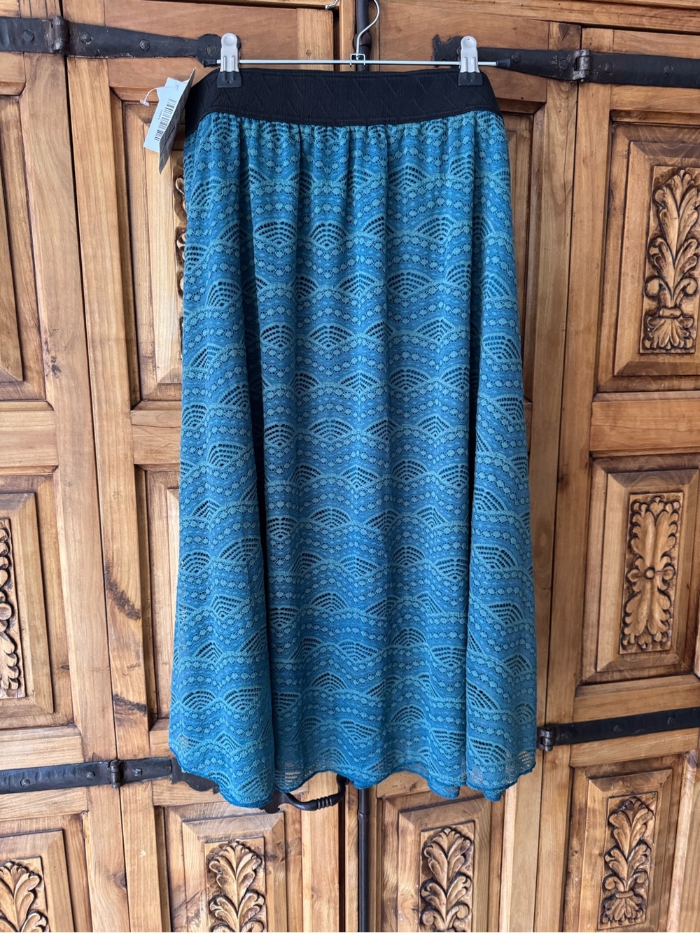 LuLaRoe Teal Lace Midi Skirt with Black Waistband